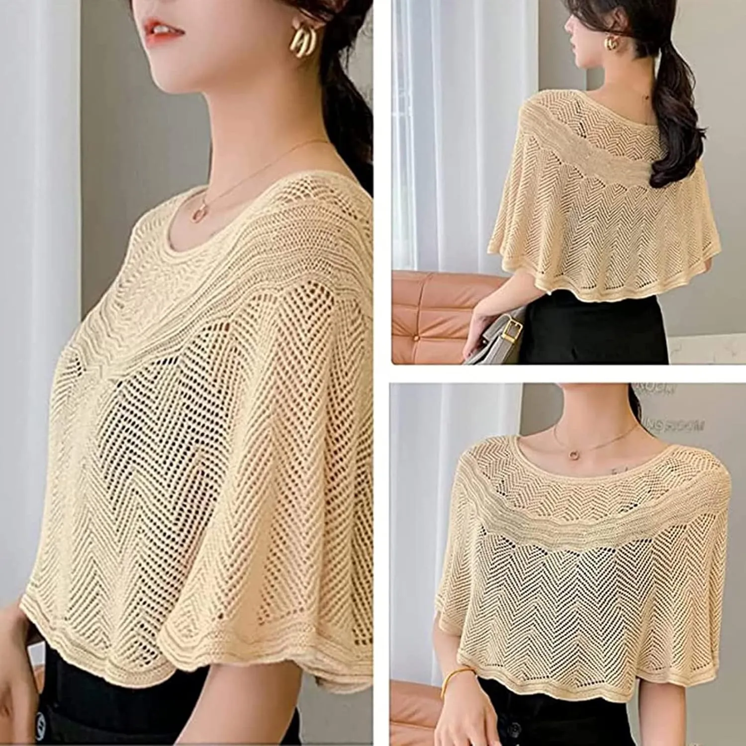 Ice Silk Knitted Shawl, Summer Hollow-Out Knit Wrap for Women