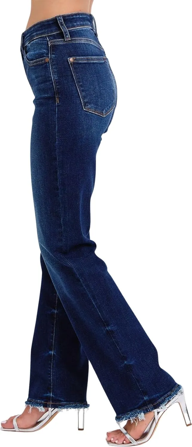 Judy Blue Women's Mid Rise Straight Jeans with Frayed Hem