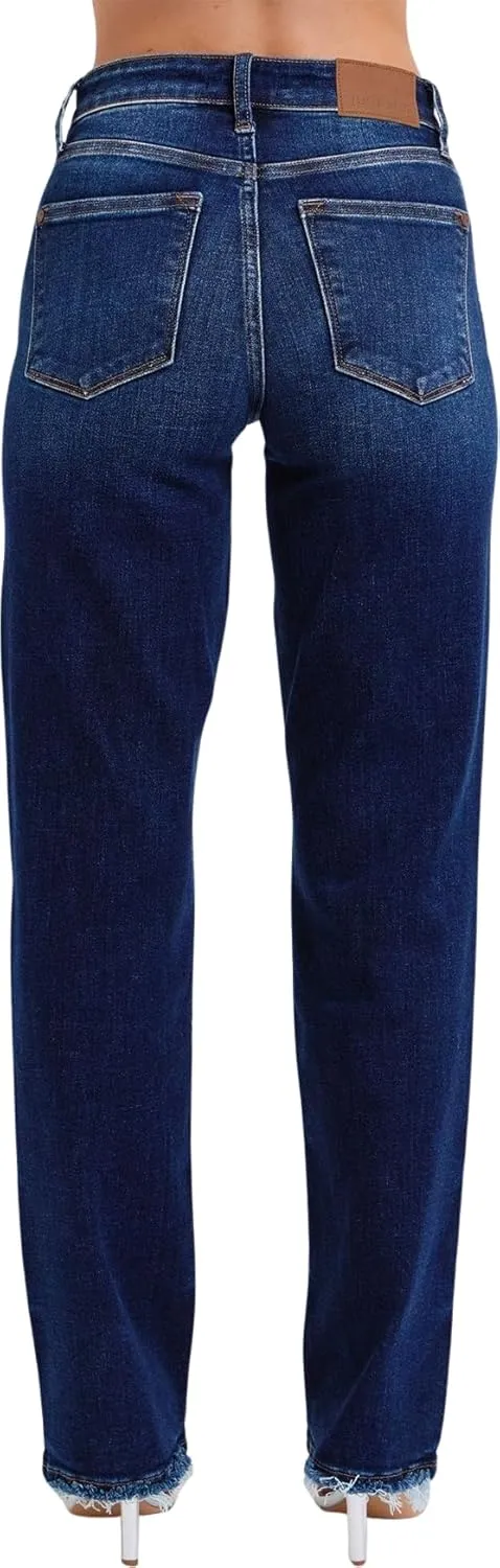 Judy Blue Women's Mid Rise Straight Jeans with Frayed Hem