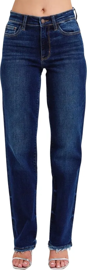 Judy Blue Women's Mid Rise Straight Jeans with Frayed Hem