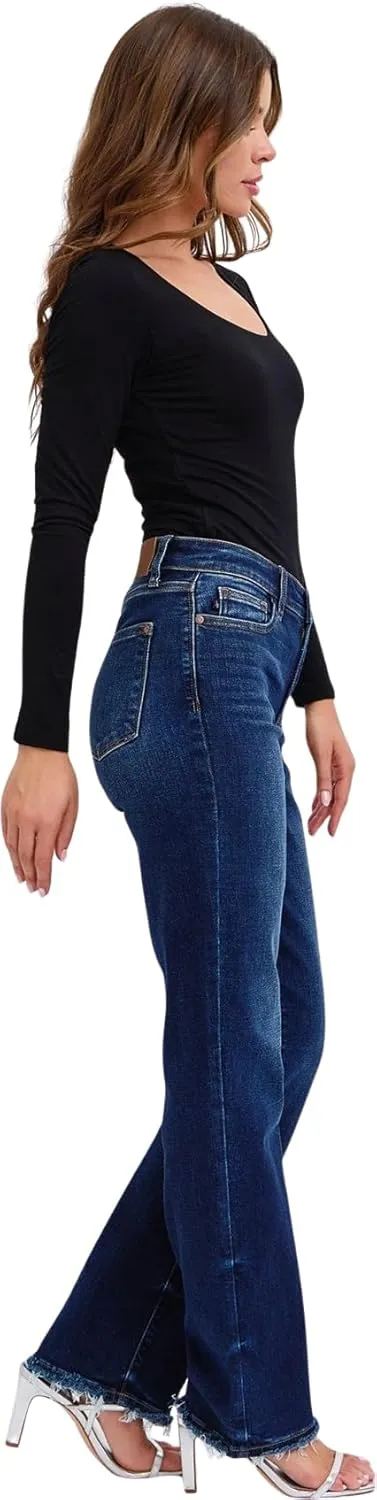 Judy Blue Women's Mid Rise Straight Jeans with Frayed Hem