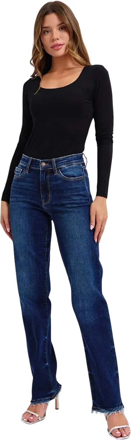 Judy Blue Women's Mid Rise Straight Jeans with Frayed Hem