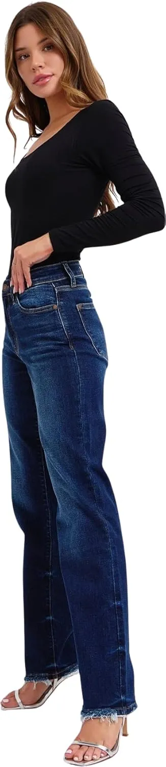 Judy Blue Women's Mid Rise Straight Jeans with Frayed Hem