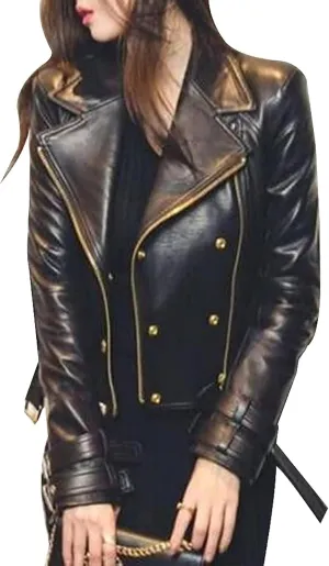 Lambskin Leather Jacket Stylish Black Brando Style Biker Racer Motorcycle Asymmetrical Real Leather Jacket for Women