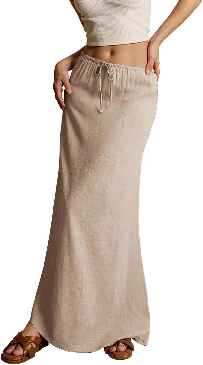 Linen Maxi Skirts for Women Trendy Summer Comfy Drawstring Waist A Line Skirts Cute Vacation Boho Long Flowy Skirt