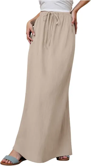 Linen Maxi Skirts for Women Trendy Summer Comfy Drawstring Waist A Line Skirts Cute Vacation Boho Long Flowy Skirt