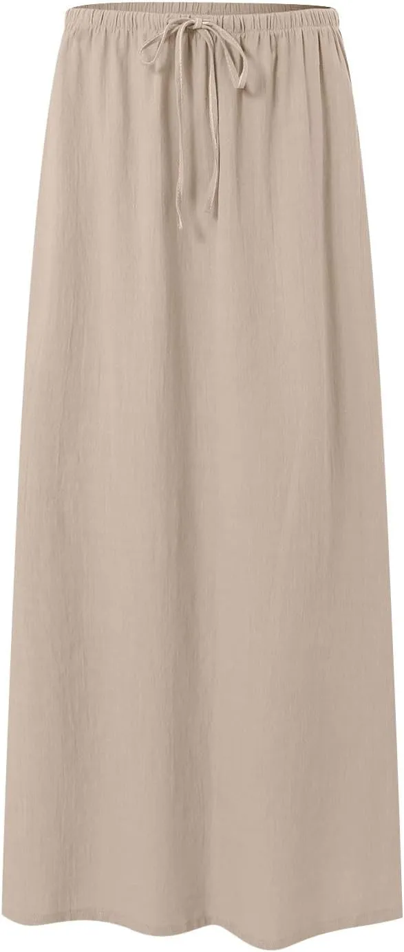 Linen Maxi Skirts for Women Trendy Summer Comfy Drawstring Waist A Line Skirts Cute Vacation Boho Long Flowy Skirt