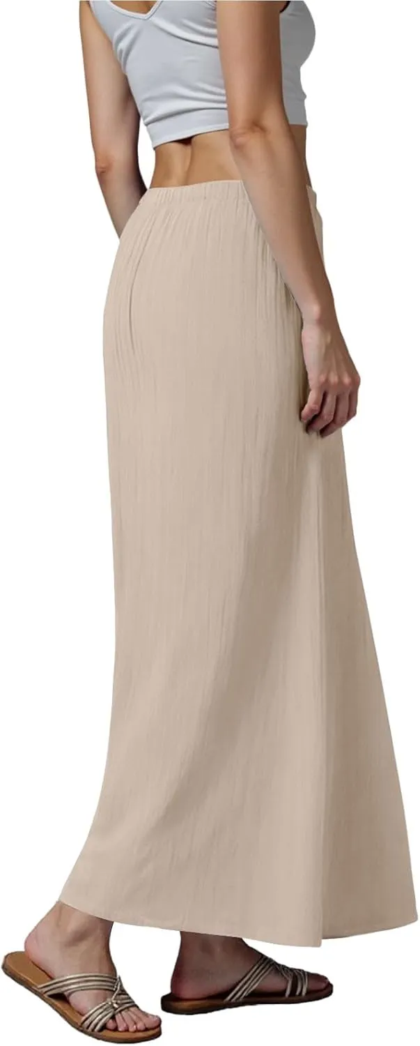 Linen Maxi Skirts for Women Trendy Summer Comfy Drawstring Waist A Line Skirts Cute Vacation Boho Long Flowy Skirt