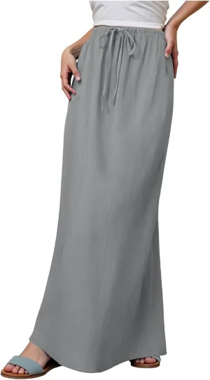 Linen Maxi Skirts for Women Trendy Summer Comfy Drawstring Waist A Line Skirts Cute Vacation Boho Long Flowy Skirt