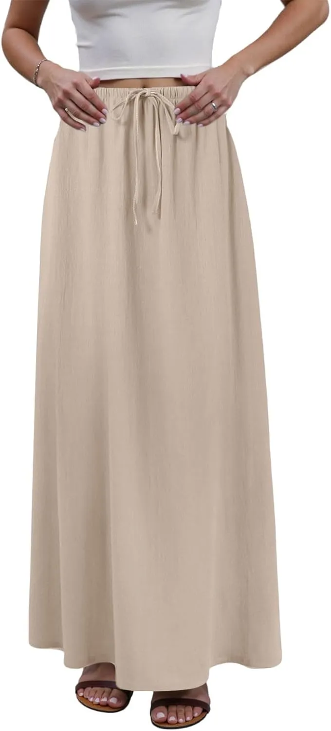 Linen Maxi Skirts for Women Trendy Summer Comfy Drawstring Waist A Line Skirts Cute Vacation Boho Long Flowy Skirt