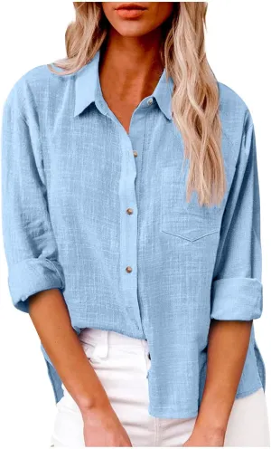 Linen Shirts for Women Summer Long Sleeve Lapel Button Down Shirt Lightweight Gauze Tops Loose Casual Blouses Clothes