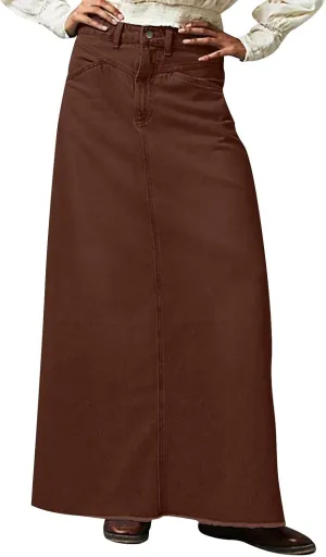 Long Jean Skirt for Women Frayed Hem Denim Maxi Skirt Vintage Casual Y2k High Waisted Denim Skirt with Pockets