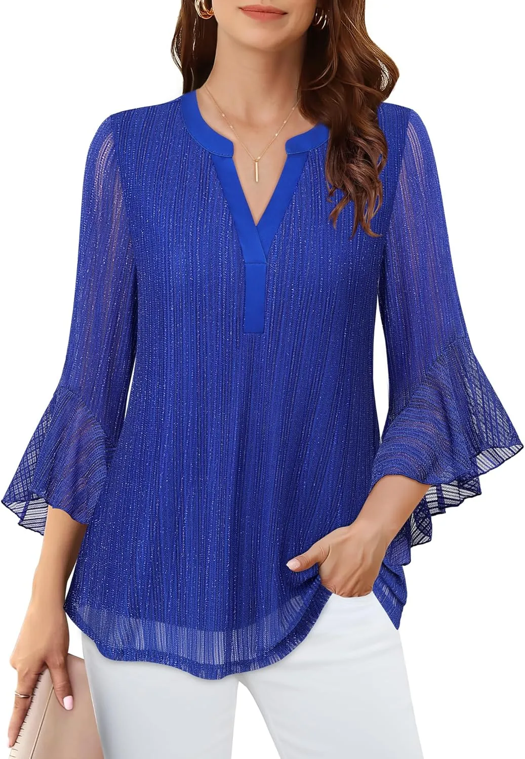 Lotusmile Women's 3/4 Sleeve Dressy Tops Elegant V Neck Blouse for Women Casual Work Evening Party