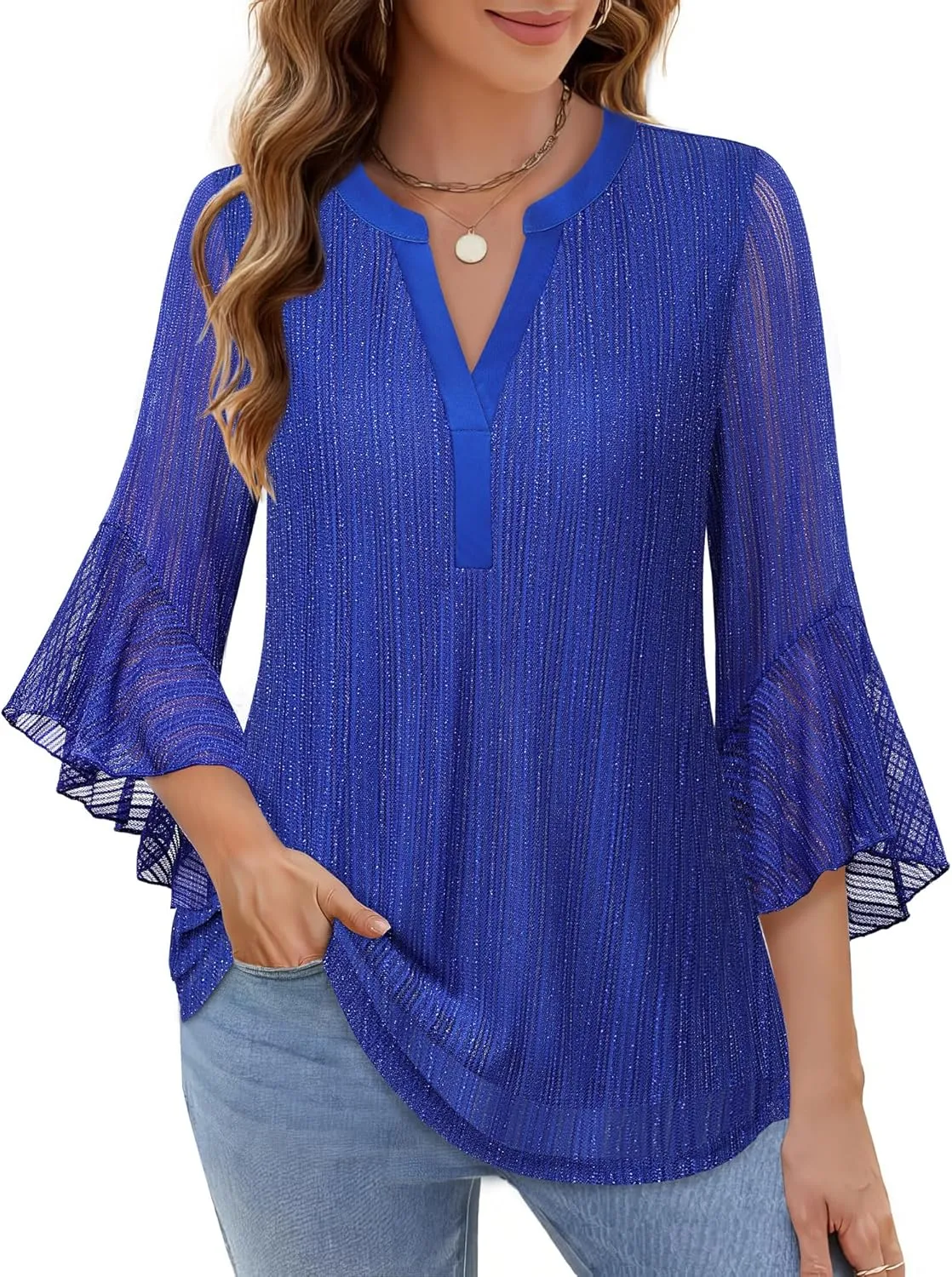 Lotusmile Women's 3/4 Sleeve Dressy Tops Elegant V Neck Blouse for Women Casual Work Evening Party