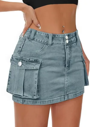Low Waist Cargo Skirt Women Button Mini Cargo Denim Skirt with Pocket Mini Skirt Grey Blue
