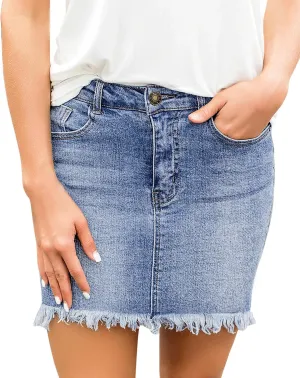 luvamia Women's Casual Mid Waisted Washed Frayed Pockets Denim Jean Short Skirt