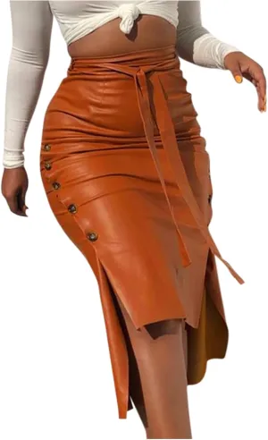 Midi Pencil Skirts for Women's Knee Length Faux Leather Skirts with Belt High Waisted Front Slit Pencil Skirt