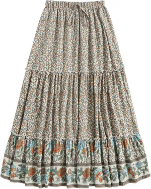 Milumia Women Boho Vintage Floral Print Long Skirt Summer Tiered Maxi Skirt