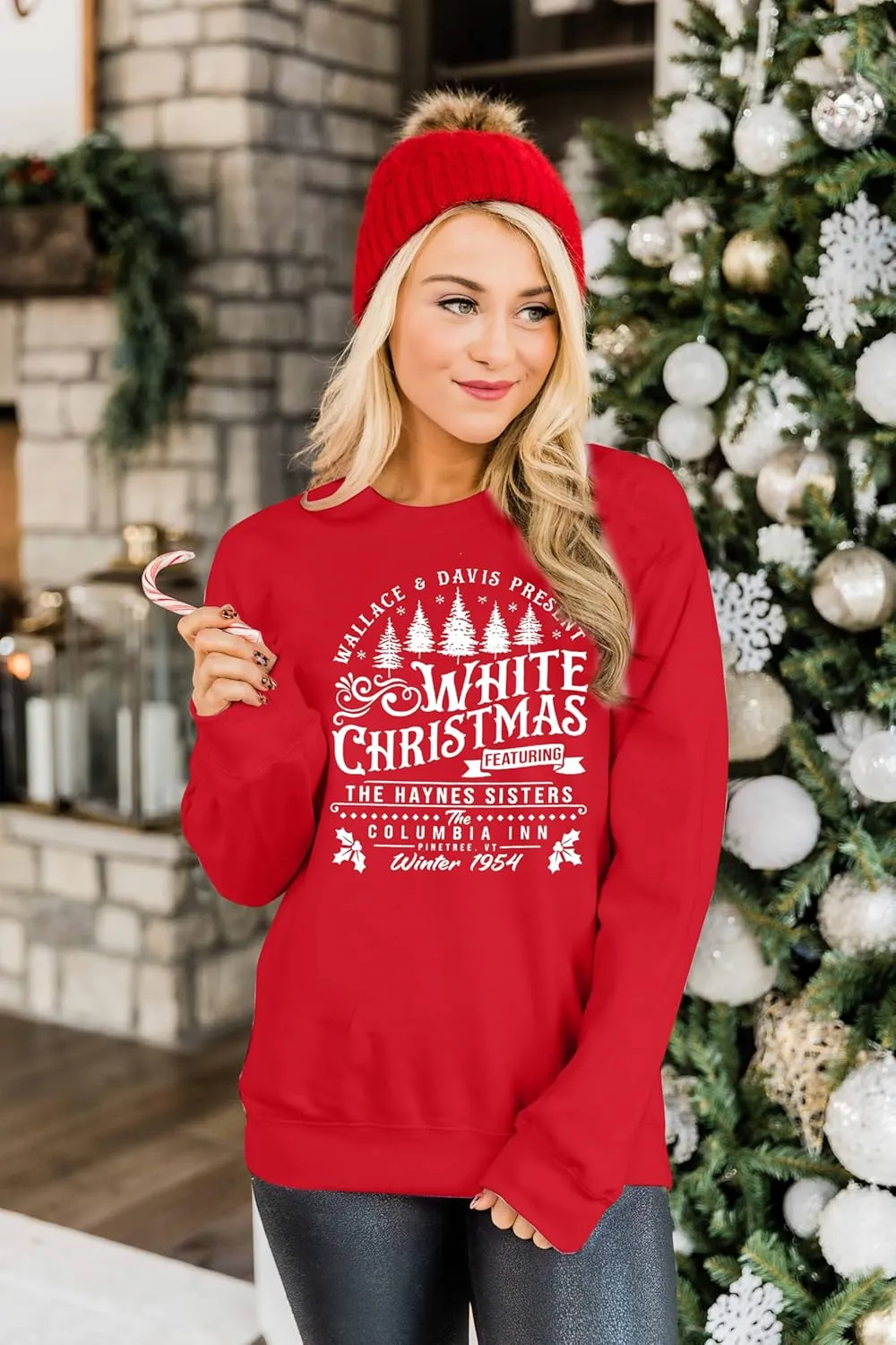 MYHALF Women's Christmas Crewneck Sweaters - White Trees & Movie Shirts - Xmas Holiday Tops