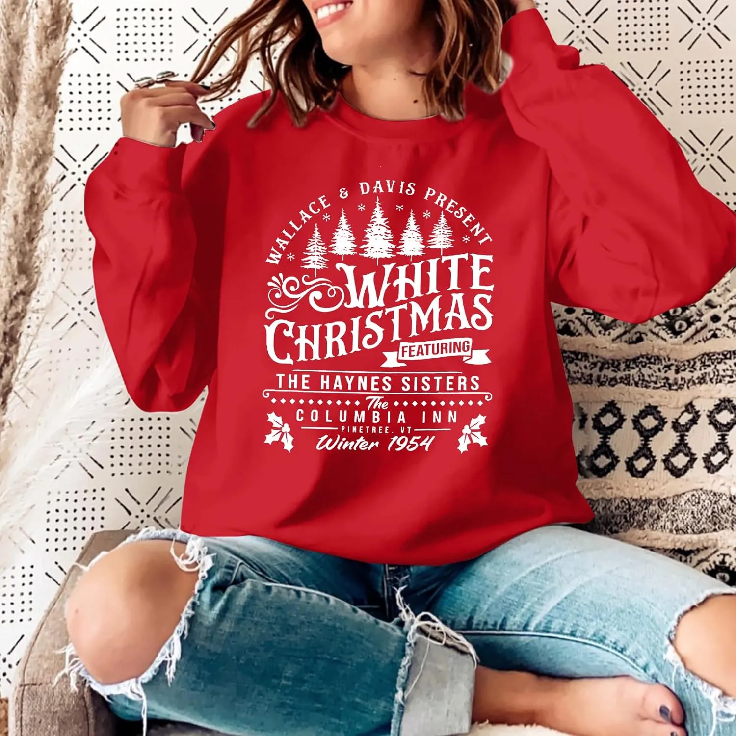 MYHALF Women's Christmas Crewneck Sweaters - White Trees & Movie Shirts - Xmas Holiday Tops
