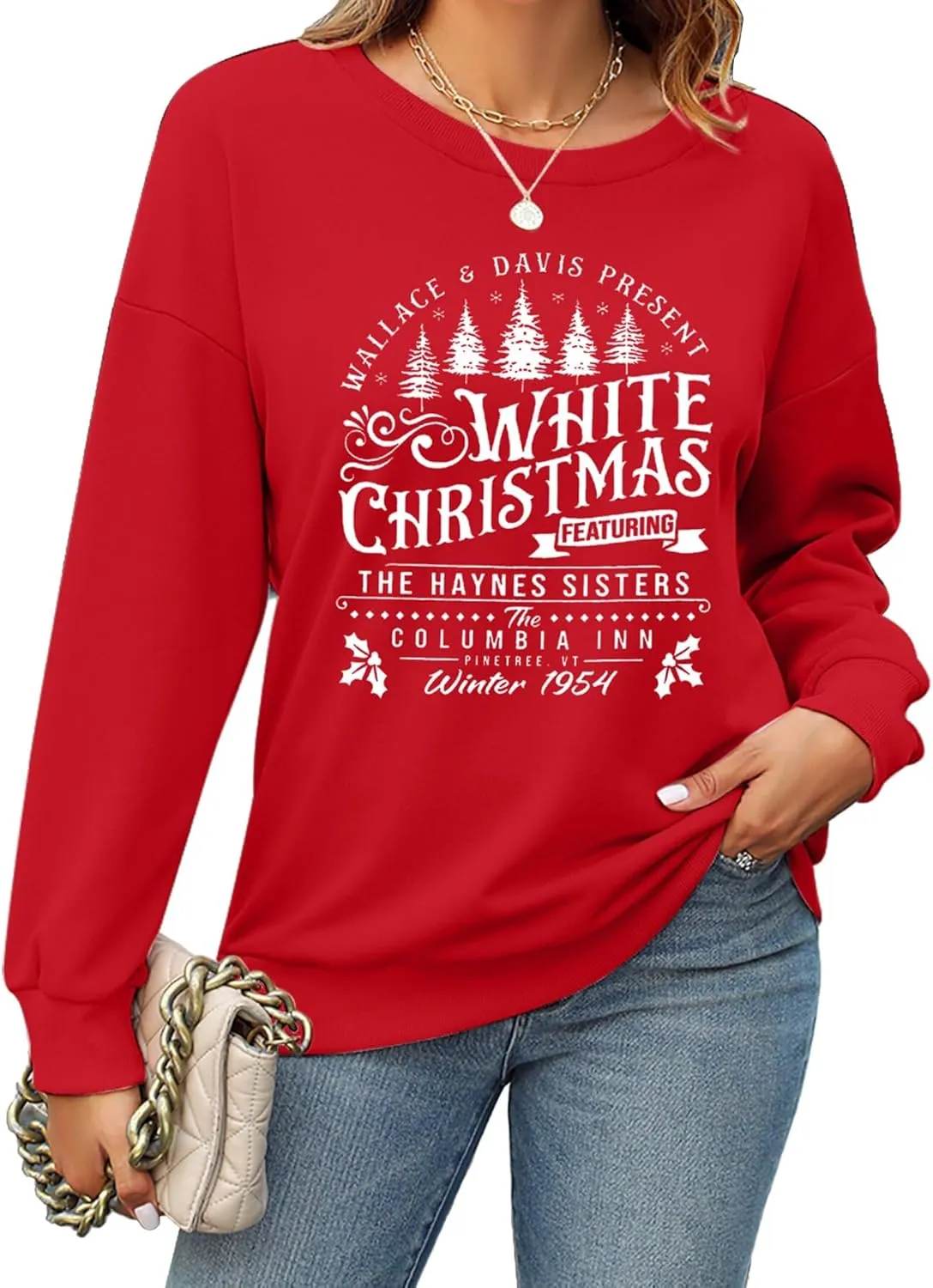 MYHALF Women's Christmas Crewneck Sweaters - White Trees & Movie Shirts - Xmas Holiday Tops
