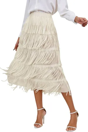 ODIZLI Midi Skirts for Women Spring Boho High Waist Tassel Fringe Layered Skirt A Line Skirts