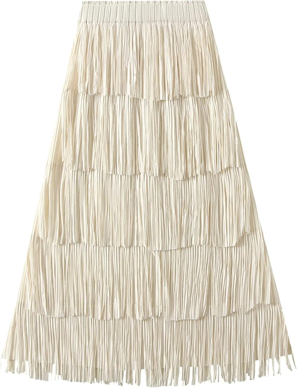 ODIZLI Midi Skirts for Women Spring Boho High Waist Tassel Fringe Layered Skirt A Line Skirts