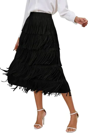 ODIZLI Midi Skirts for Women Spring Boho High Waist Tassel Fringe Layered Skirt A Line Skirts