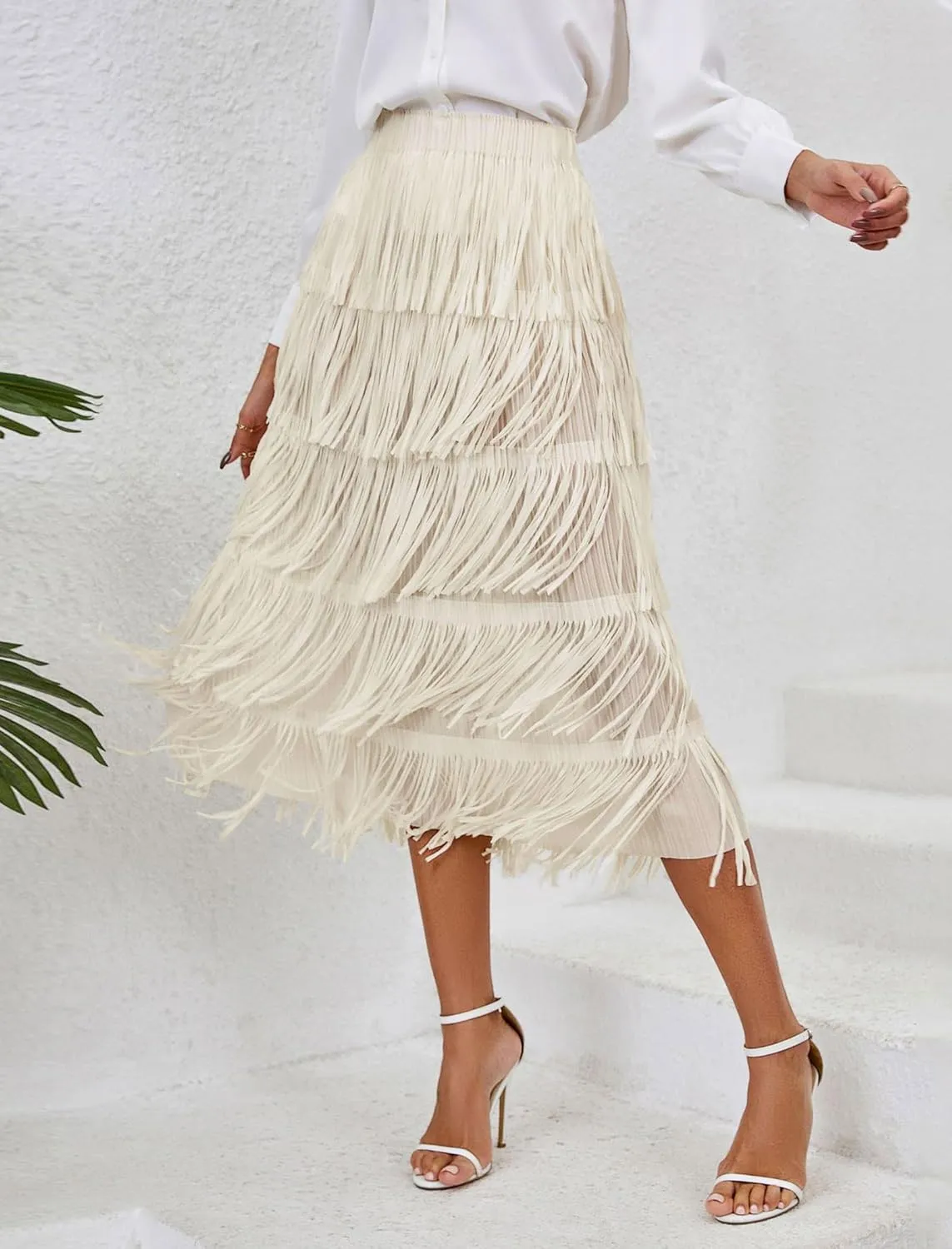 ODIZLI Midi Skirts for Women Spring Boho High Waist Tassel Fringe Layered Skirt A Line Skirts
