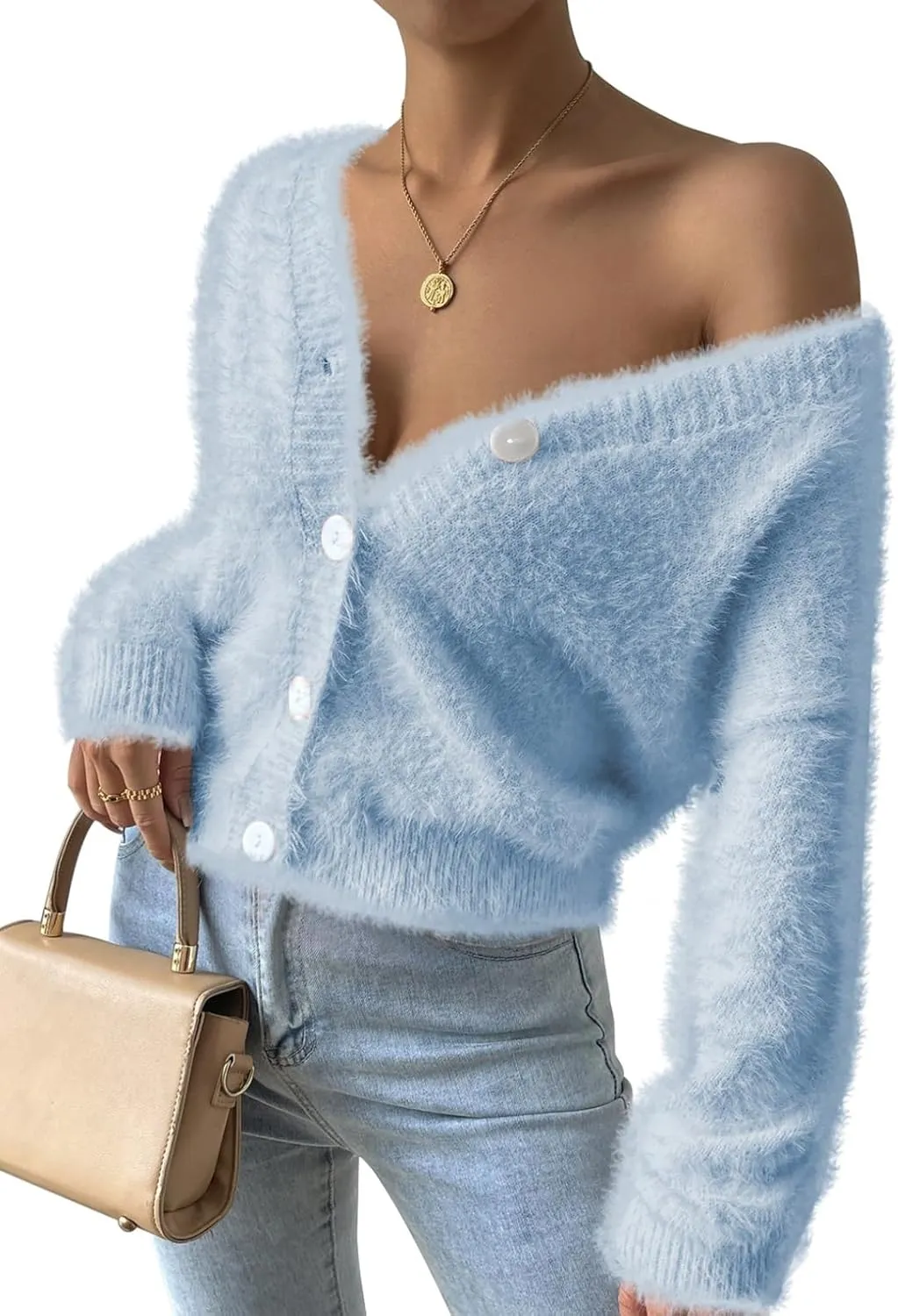 Pink Queen Women's Furry Cropped Cardigan Batwing Sleeves Open Front V-Neck Button Down Loose Casual Knit Sweater Coat