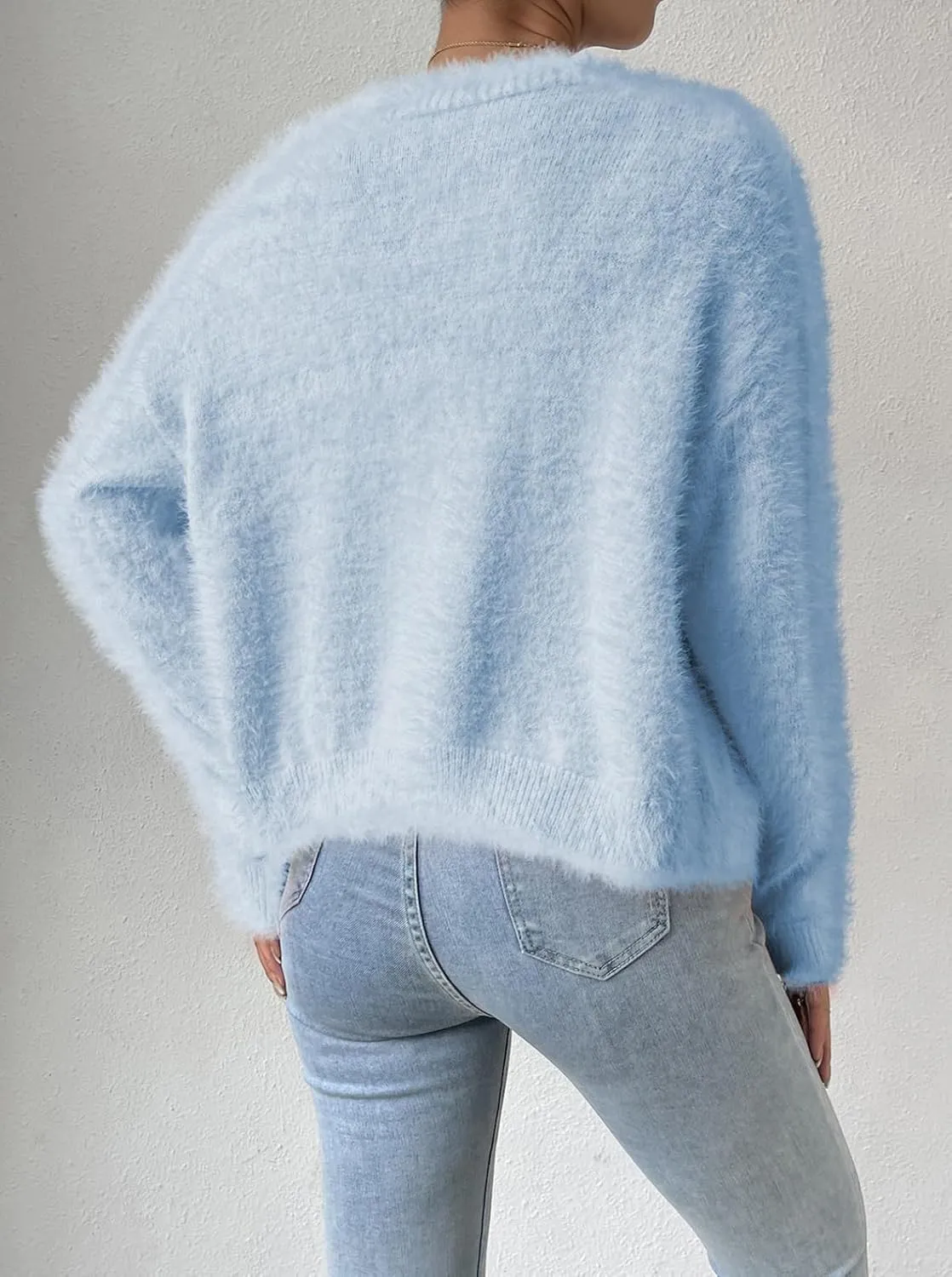 Pink Queen Women's Furry Cropped Cardigan Batwing Sleeves Open Front V-Neck Button Down Loose Casual Knit Sweater Coat
