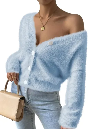 Pink Queen Women's Furry Cropped Cardigan Batwing Sleeves Open Front V-Neck Button Down Loose Casual Knit Sweater Coat