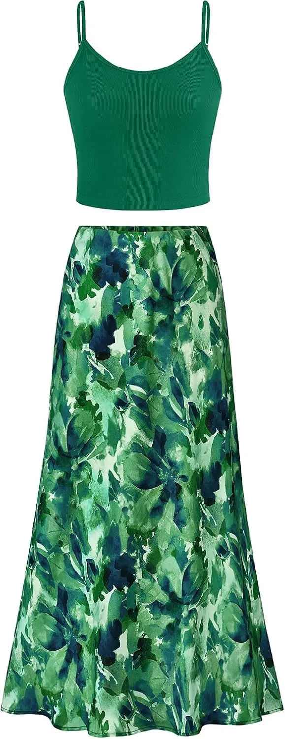 PRETTYGARDEN High Waisted Floral Maxi Skirt Sets Women 2 Piece Outfits Summer Cropped Cami Tank Tops Beach Vacation Clothes