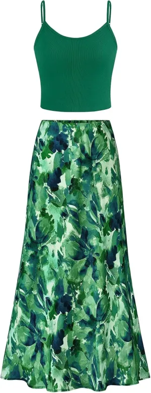 PRETTYGARDEN High Waisted Floral Maxi Skirt Sets Women 2 Piece Outfits Summer Cropped Cami Tank Tops Beach Vacation Clothes