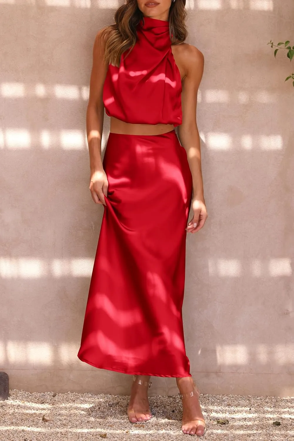 PRETTYGARDEN Women's 2 Piece Satin Outfits Summer Sleeveless Mock Neck Crop Tops and Long Skirt Dress Sets