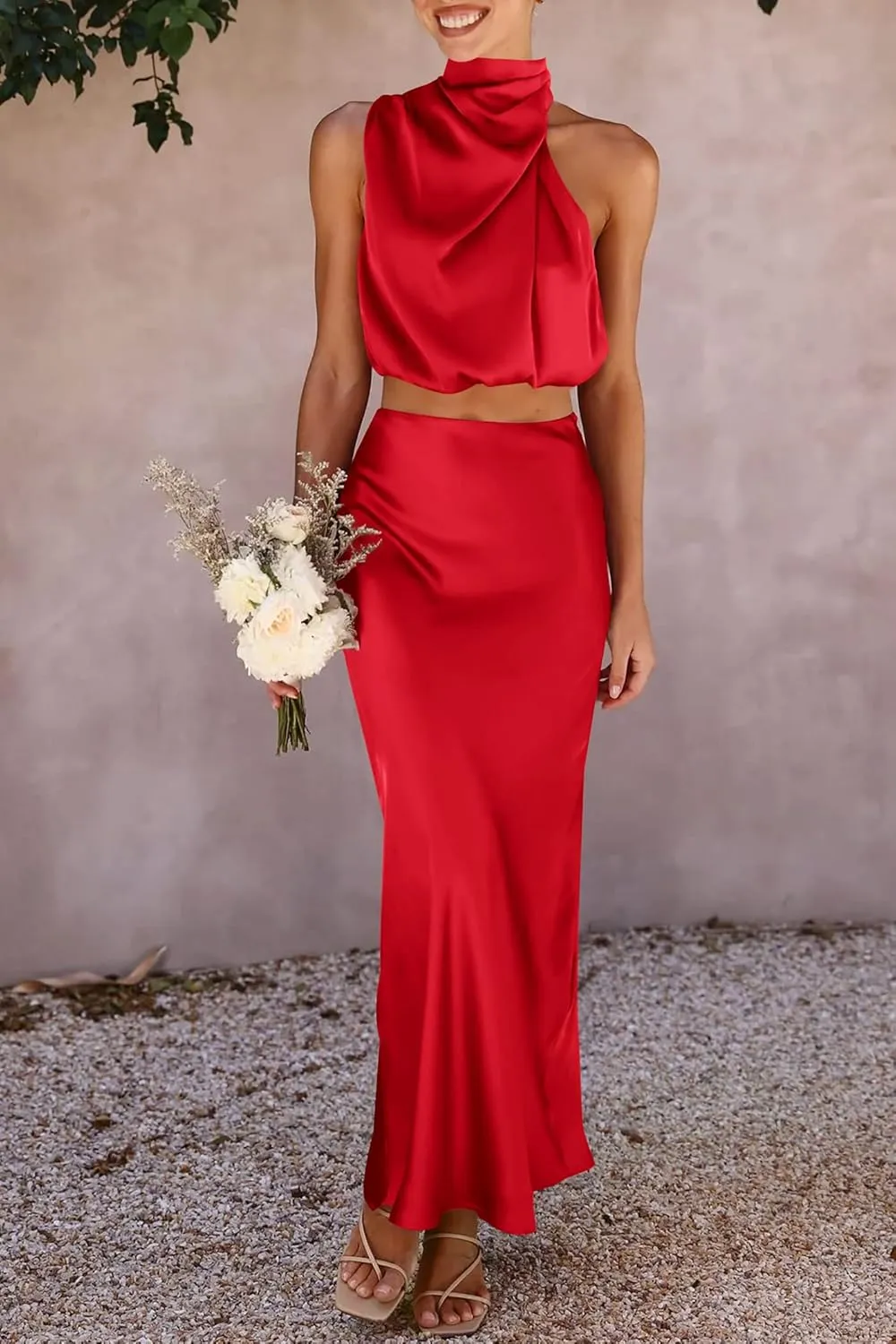 PRETTYGARDEN Women's 2 Piece Satin Outfits Summer Sleeveless Mock Neck Crop Tops and Long Skirt Dress Sets