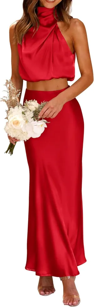 PRETTYGARDEN Women's 2 Piece Satin Outfits Summer Sleeveless Mock Neck Crop Tops and Long Skirt Dress Sets