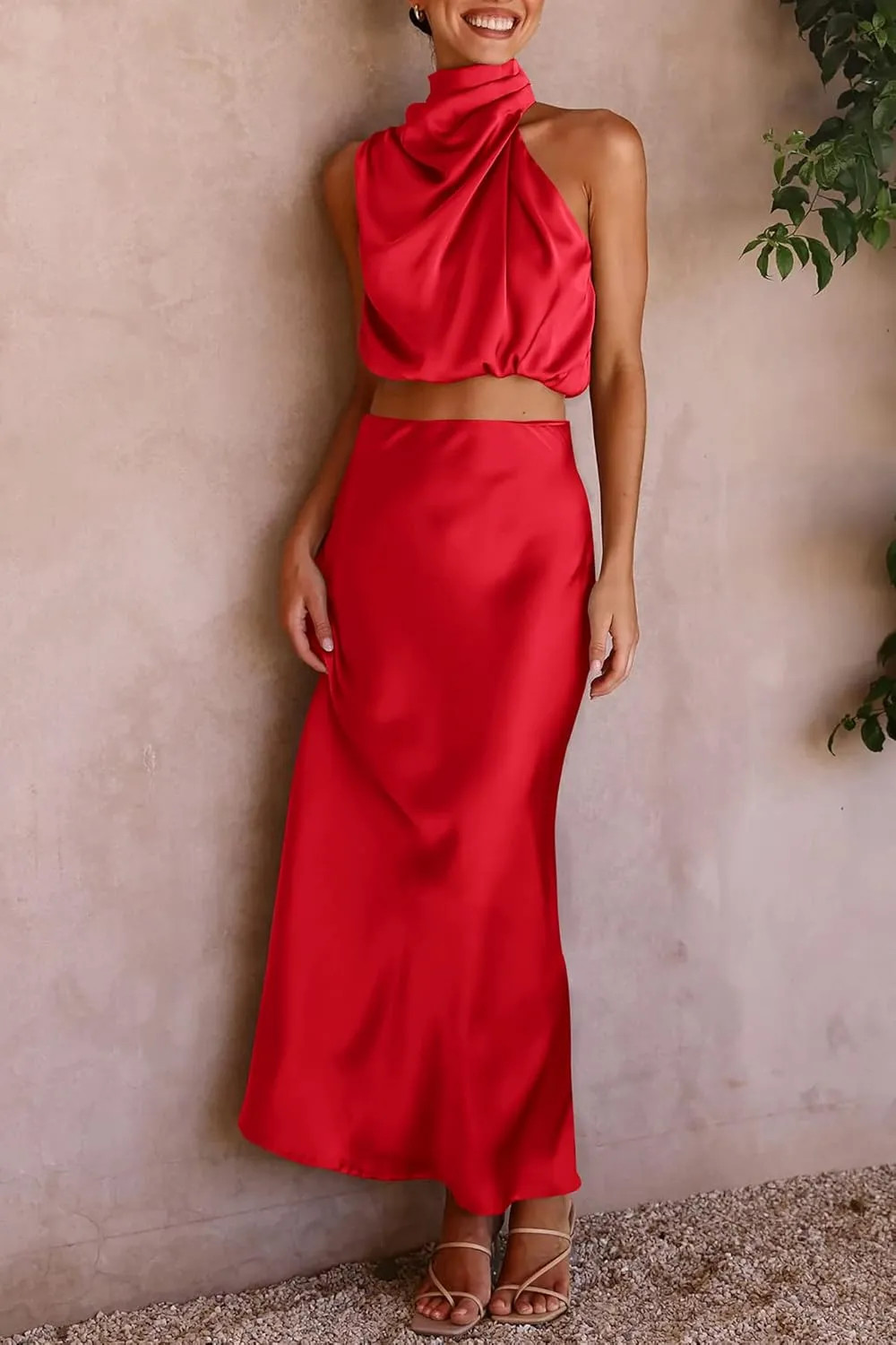 PRETTYGARDEN Women's 2 Piece Satin Outfits Summer Sleeveless Mock Neck Crop Tops and Long Skirt Dress Sets