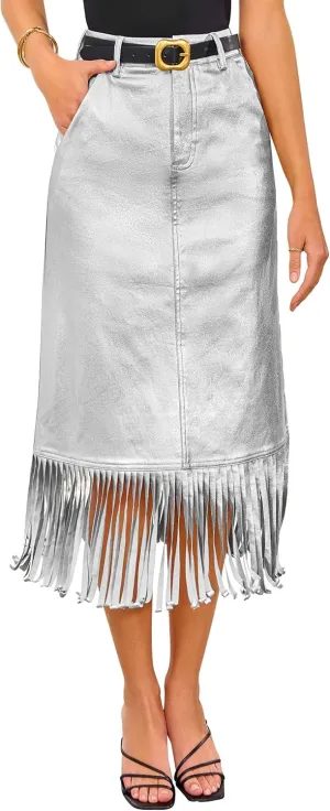 PRETTYGARDEN Women's Metallic Midi Party Skirt Casual High Waisted Fringe Shiny Y2K Long Pencil Skirts Fall Clothes