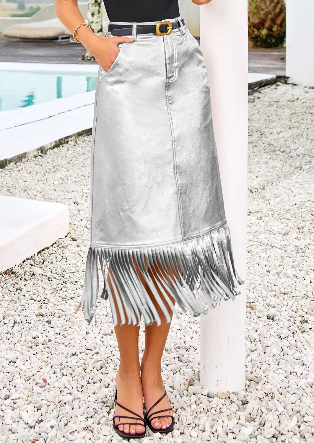 PRETTYGARDEN Women's Metallic Midi Party Skirt Casual High Waisted Fringe Shiny Y2K Long Pencil Skirts Fall Clothes