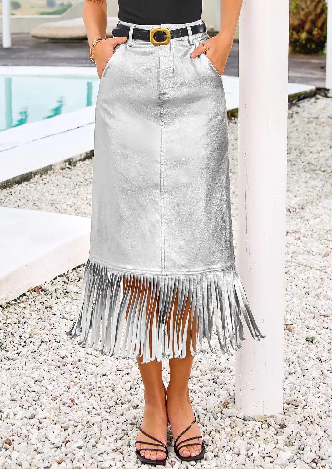 PRETTYGARDEN Women's Metallic Midi Party Skirt Casual High Waisted Fringe Shiny Y2K Long Pencil Skirts Fall Clothes