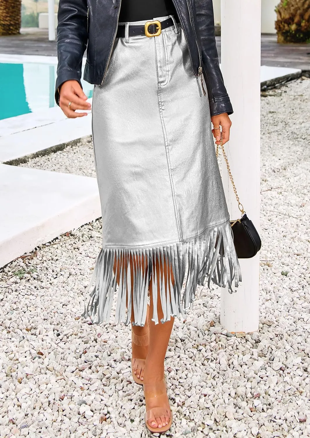 PRETTYGARDEN Women's Metallic Midi Party Skirt Casual High Waisted Fringe Shiny Y2K Long Pencil Skirts Fall Clothes