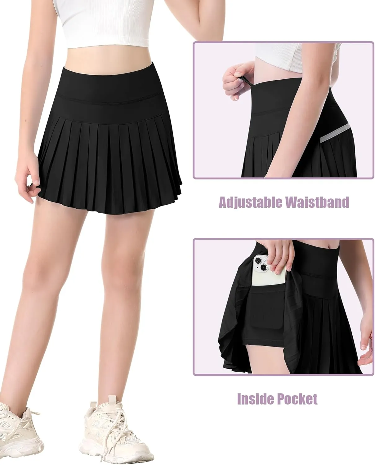 QooNoo Girls Skorts Tennis Skirts for Girls Pleated Athletic Skirt with Pockets Toddler High Waist Cheer Skirt Built-in Short