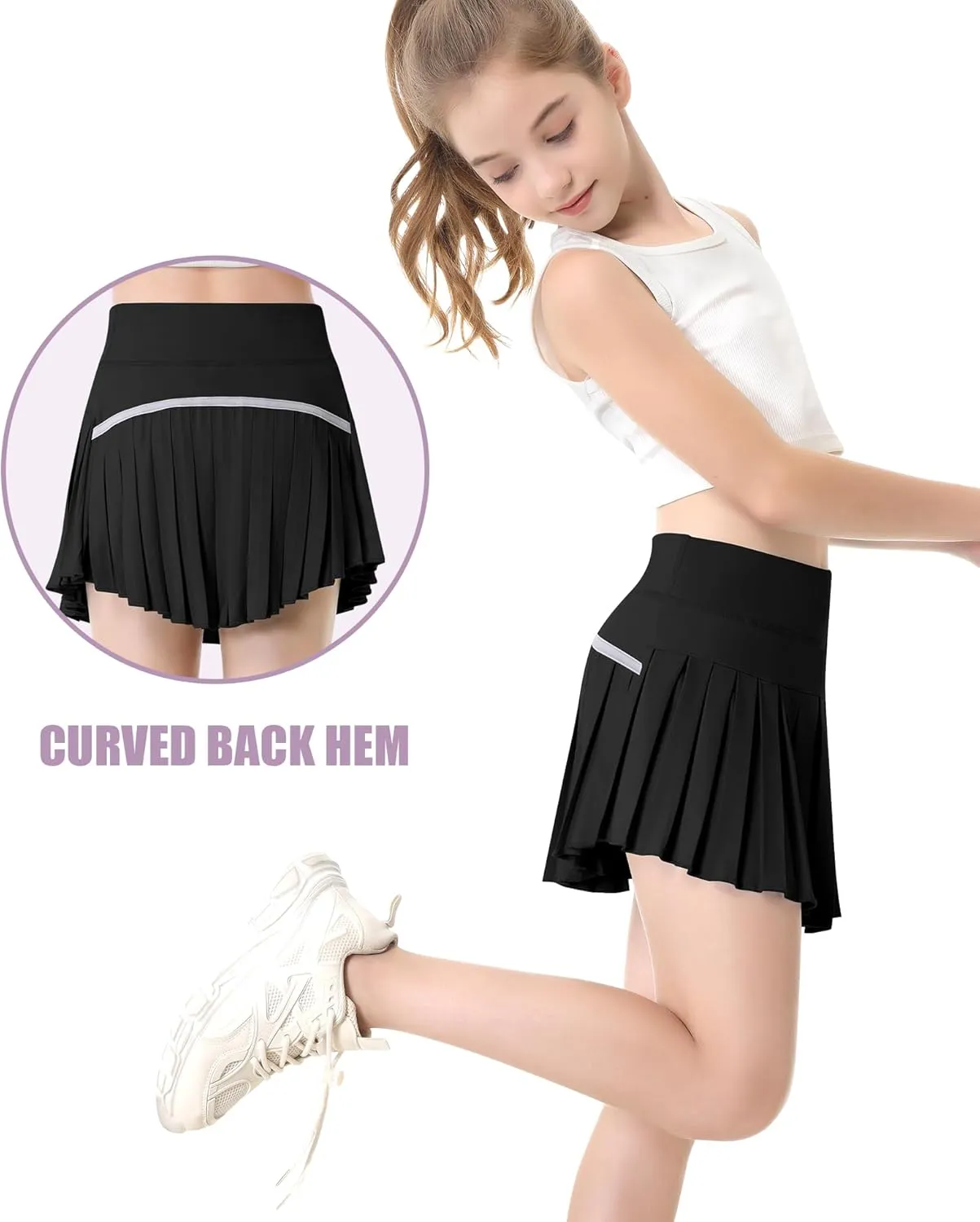 QooNoo Girls Skorts Tennis Skirts for Girls Pleated Athletic Skirt with Pockets Toddler High Waist Cheer Skirt Built-in Short