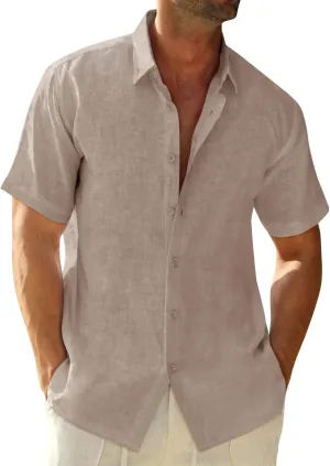 Runcati Mens Button Down Linen Shirts Short Sleeve Casual Collared Summer Beach Untucked Tops