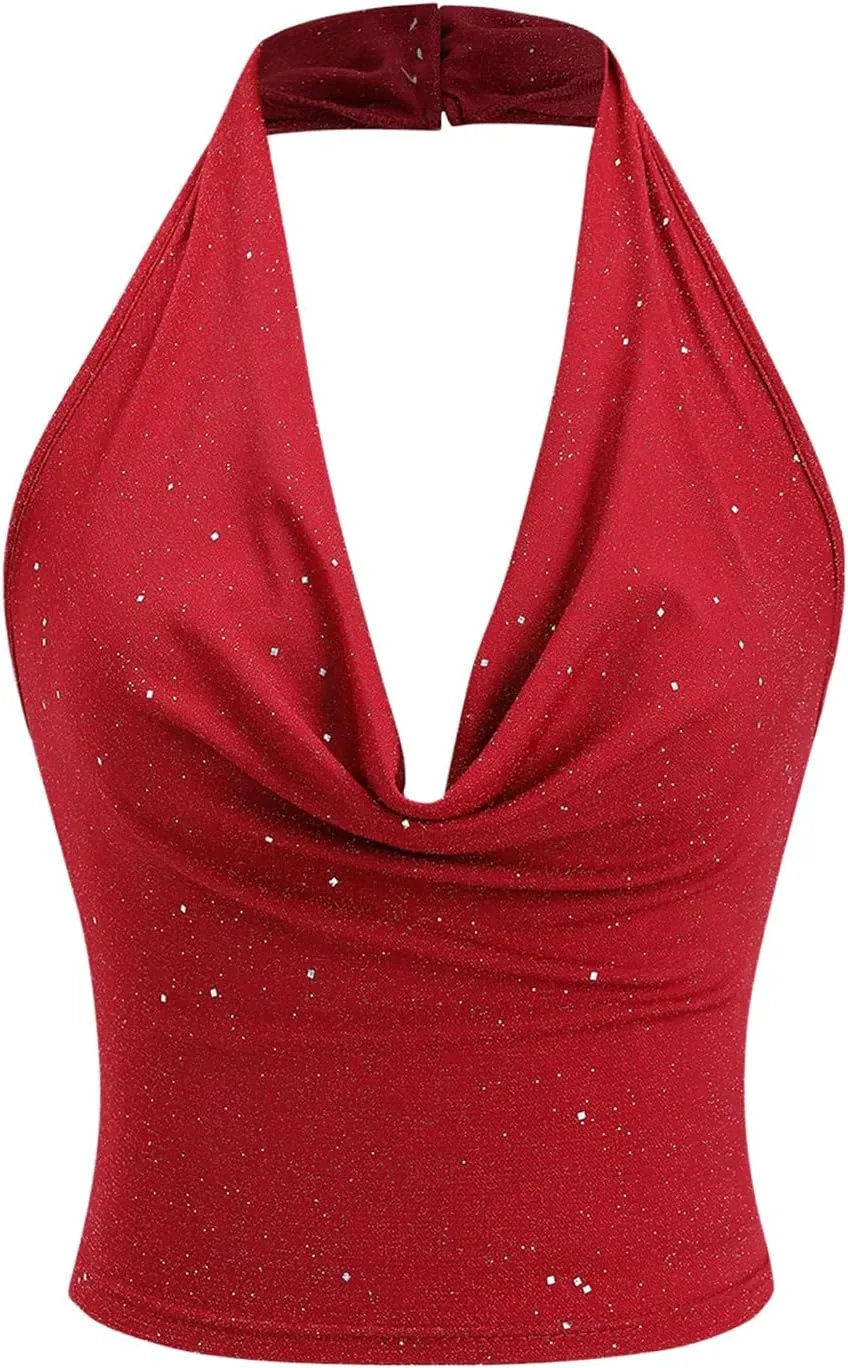 SOLY HUX Women's Halter Top Sparkly Sexy Backless Party Crop Tops Club Rave Festival Outfits Black