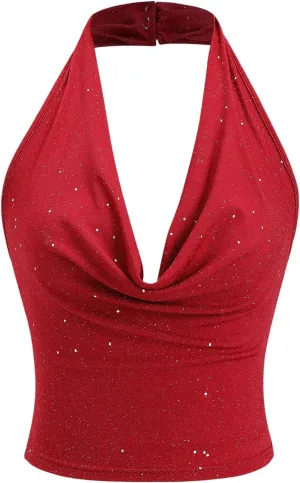 SOLY HUX Women's Halter Top Sparkly Sexy Backless Party Crop Tops Club Rave Festival Outfits Black