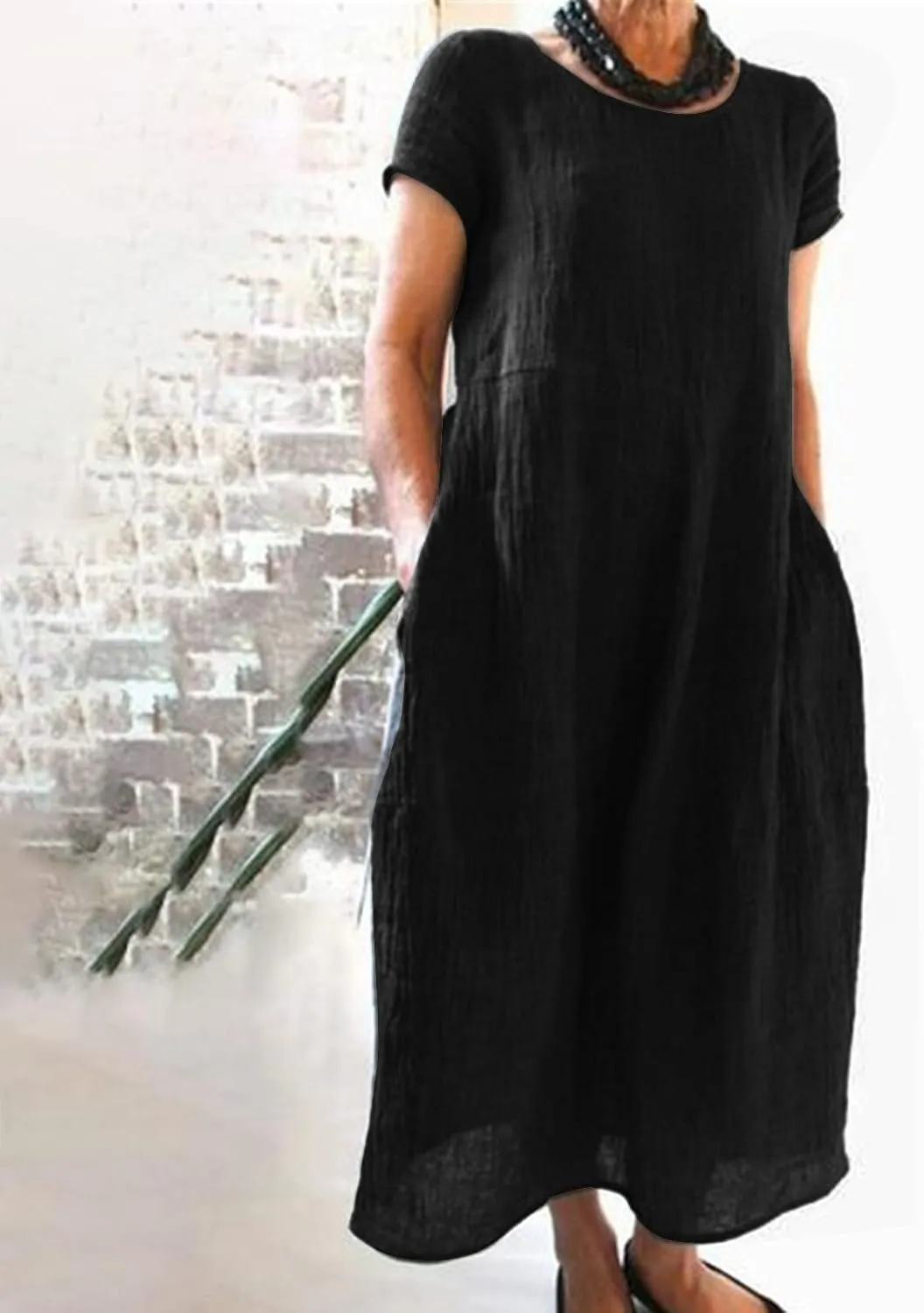 Summer Linen Maxi Dresses for Women Boho Casual Short Sleeve Loose Comfy Beach Vacation Long Dress with Pockets