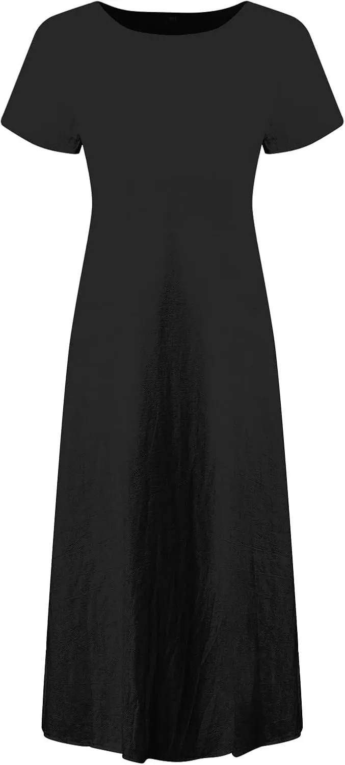Summer Linen Maxi Dresses for Women Boho Casual Short Sleeve Loose Comfy Beach Vacation Long Dress with Pockets
