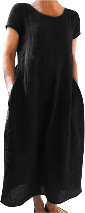 Summer Linen Maxi Dresses for Women Boho Casual Short Sleeve Loose Comfy Beach Vacation Long Dress with Pockets